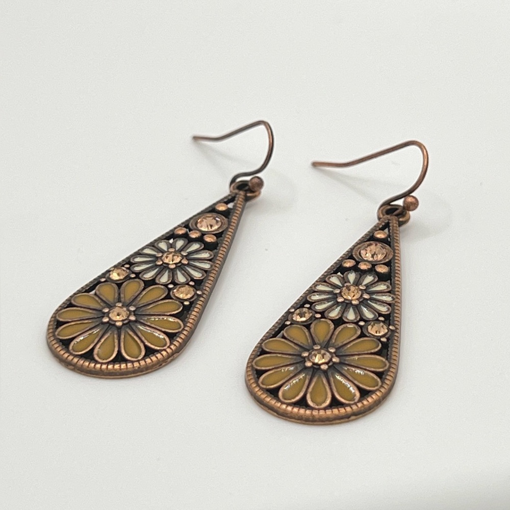 Copper Dangle Earrings with Multi-Colored Stones & Daisy Accents - Picture 2 of 2